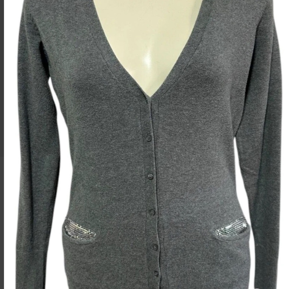 Cache Gray V-Neck Cardigan with Silver Accents
